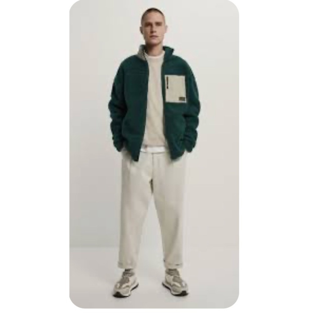 ZARA Men's Green Sherpa Fleece Zip Up Jacket Cozy Pockets